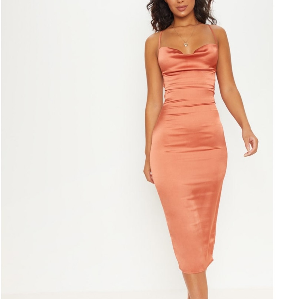 Rust strap it back cowl neck midi dress from PLT